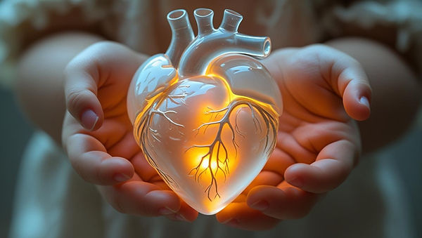 A human heart made of glass, glowing faintly, with small hands cradling it carefully—fragi