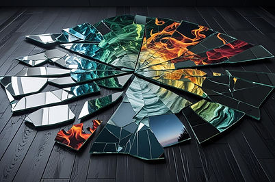 A mirror shattered into fragments, each reflecting different emotions—rage, numbness, conf