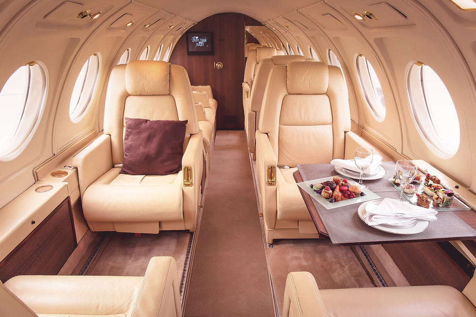 Luxurious private jet interior with table setting