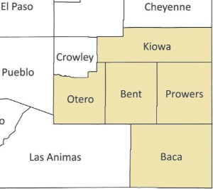Regional map highlighting the Southeast Colorado counties served, including Prowers, Baca, Bent, Otero, and Kiowa.