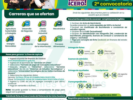 #Oaxaca #Educación - Abre UTVCO segunda convocatoria de admisión para cuatrimestre septiembre-diciembre 2024