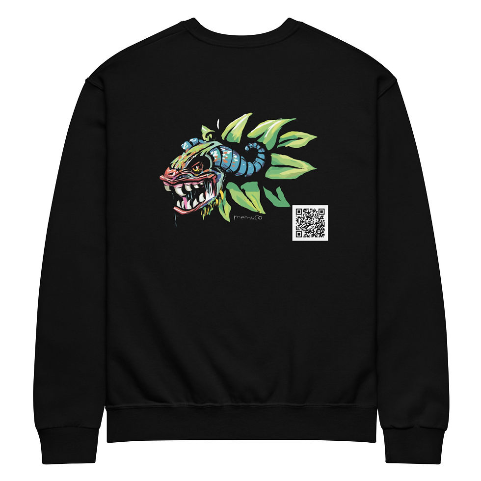 Front of Black sweatshirt with colorful dragon and qr code