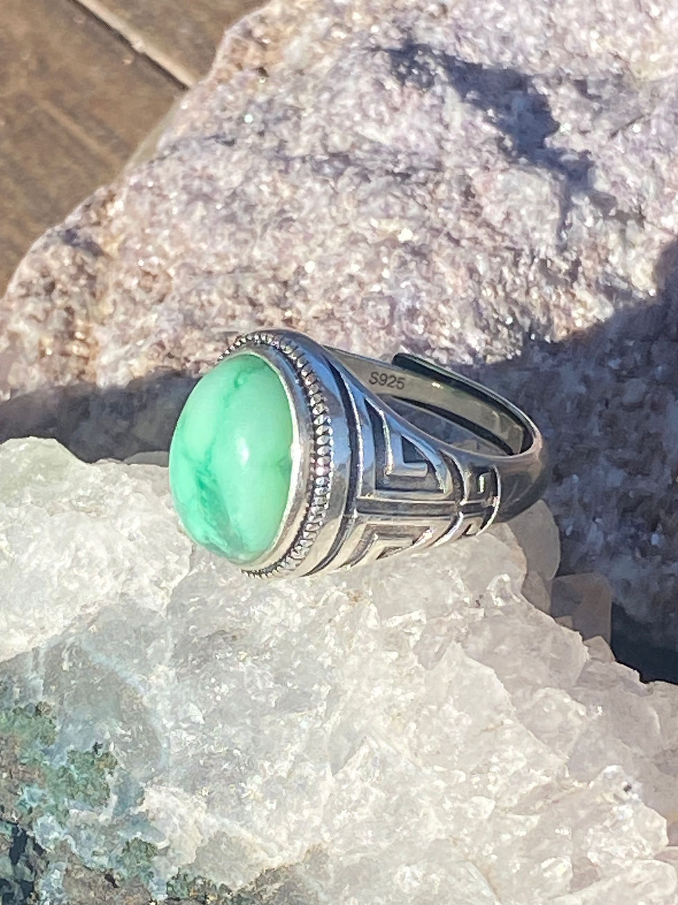 Thumbnail: Elegant Sterling Silver Chrysoprase Ring in natural light, radiating its serene energy and vibrant color.