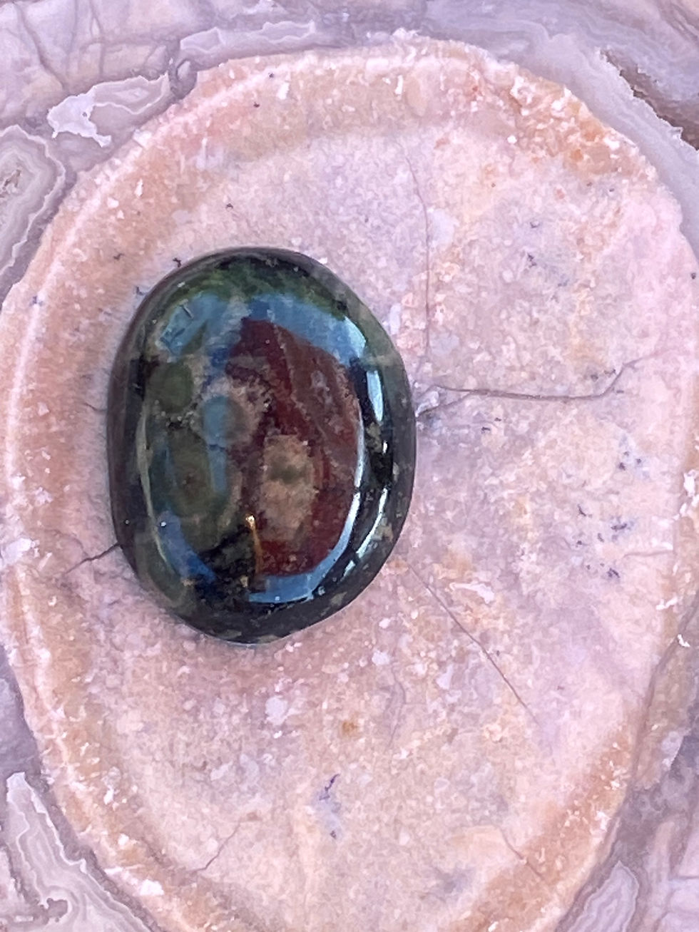 Thumbnail: Close-up of Kambaba Jasper stone showcasing intricate green orbs and earthy black tones.