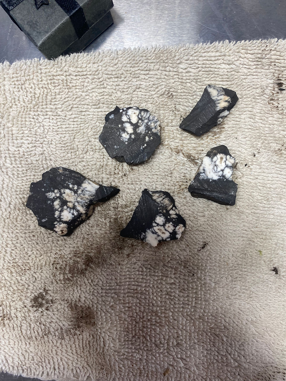 Thumbnail: five pieces of black and white stone cut in slices with different patterns