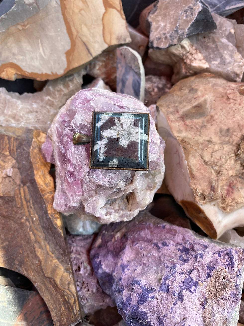 Utah Chinese Writing Stone pendant displayed with a brass setting, resting on a pinkish rock.