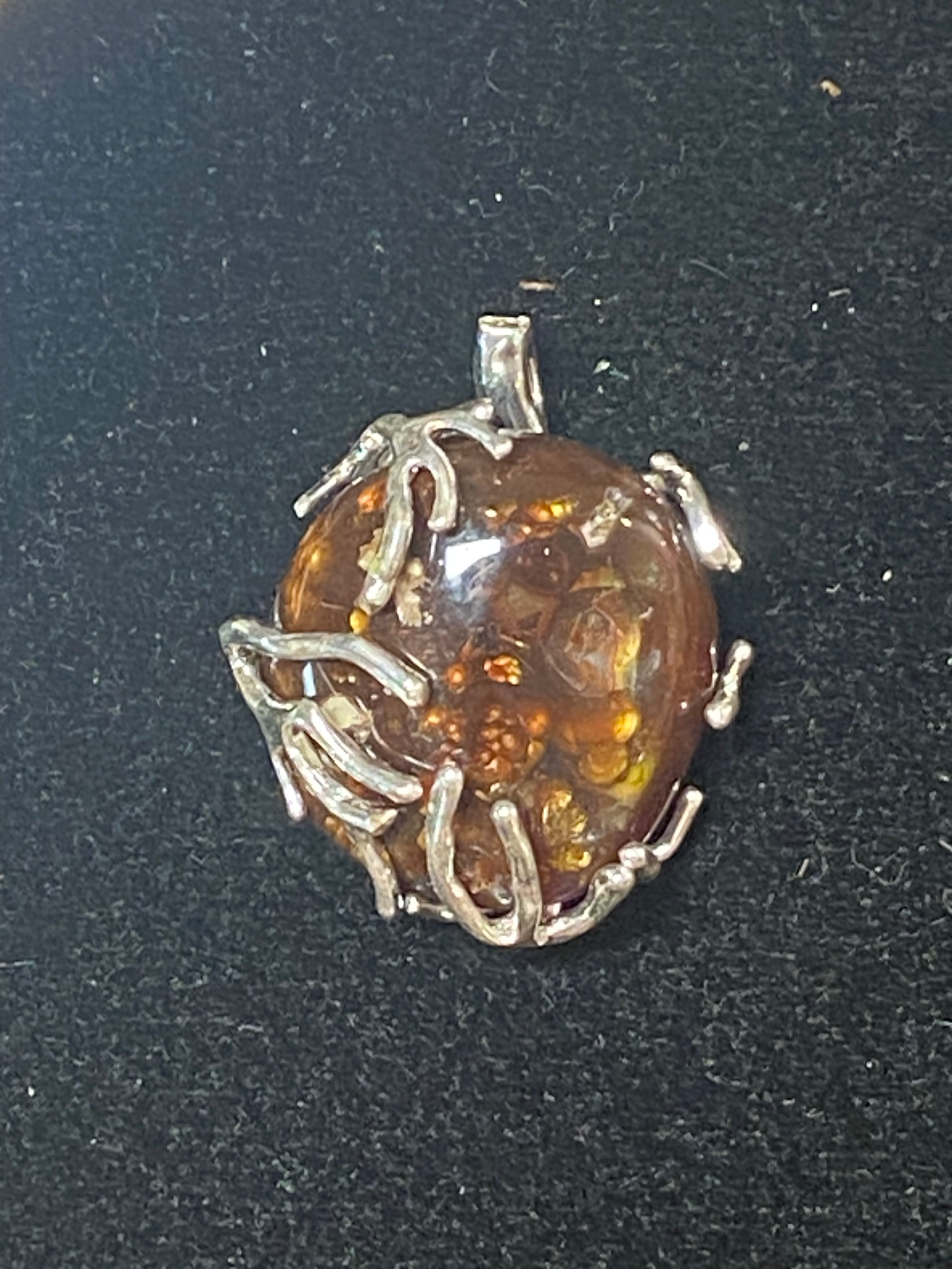 Arizona Fire Agate Pendant Wrapped in Silver-Plated Metal