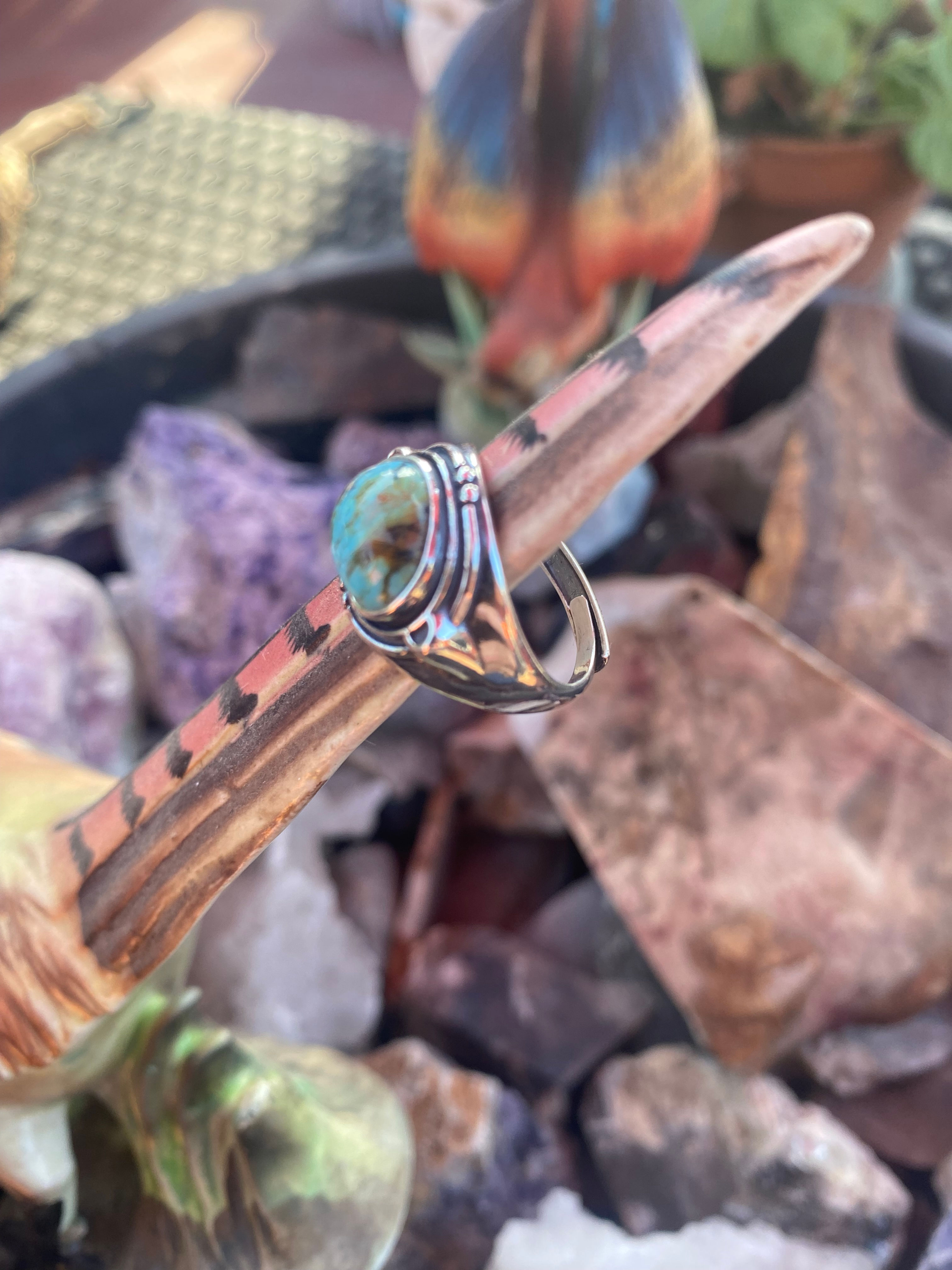 Side view of an elegant ring featuring a vibrant green and blue turquoise stone in a polished silver setting.