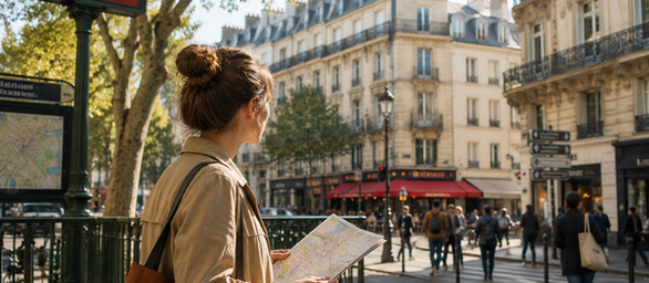 Woman with map at Paris Metro entrance, looking across a sunny street with Haussmann buildings and pedestrians.