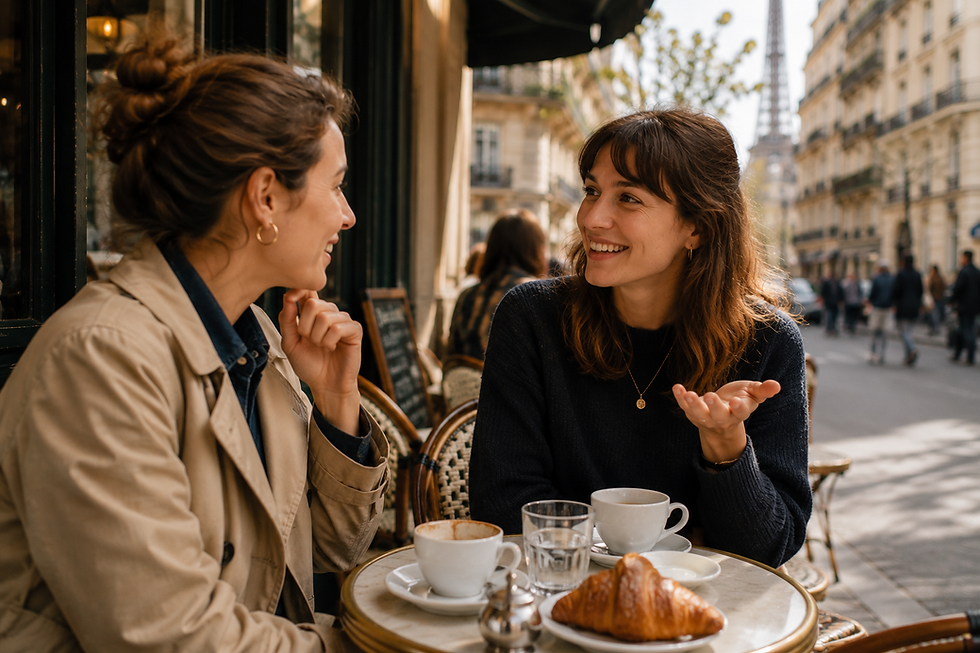 Two women chat at a Paris sidewalk cafe with coffee and a croissant, the Eiffel Tower blurred in the background.