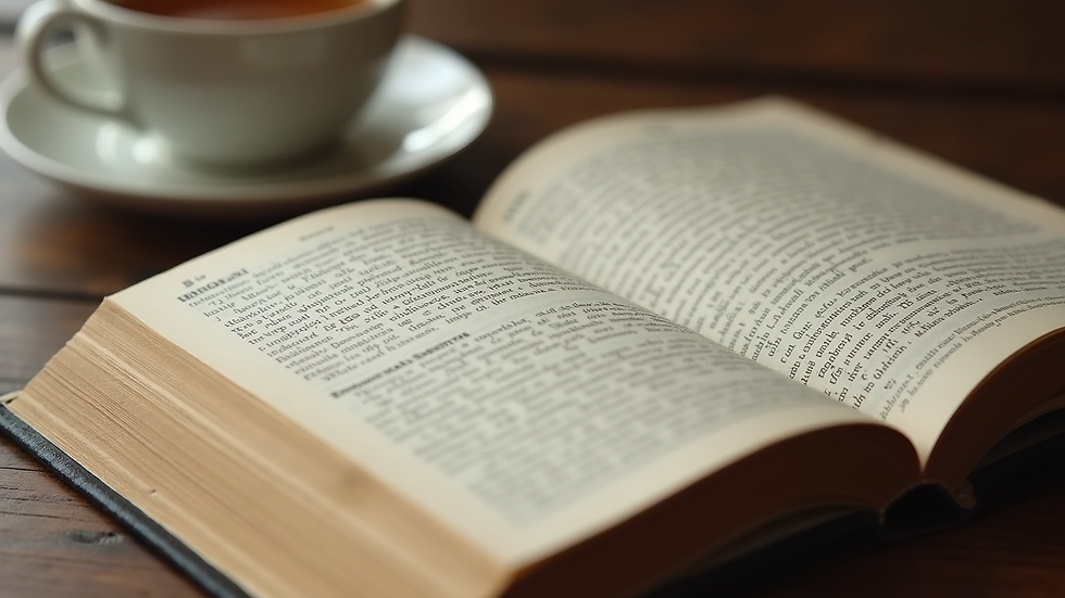Close-up view of an open book with highlighted text and a cup of tea