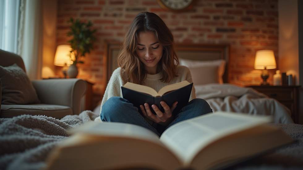 Eye-level view of a person reading a book in a cozy room