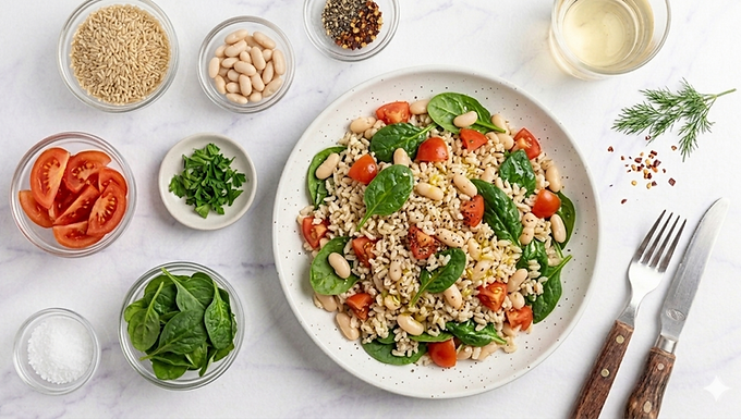 Arroz integral, ensalada de frijoles blancos, espinacas y tomate