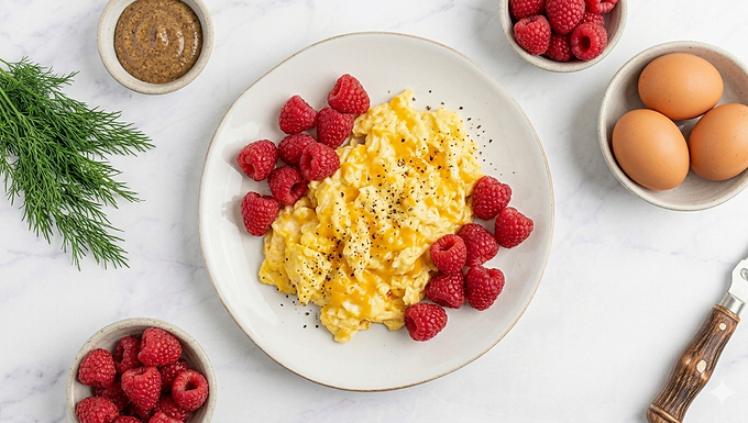 Huevos revueltos con queso y frambuesas