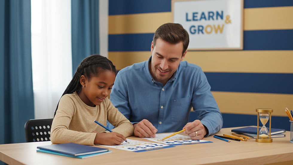 Eye-level view of a student working with a tutor at a desk