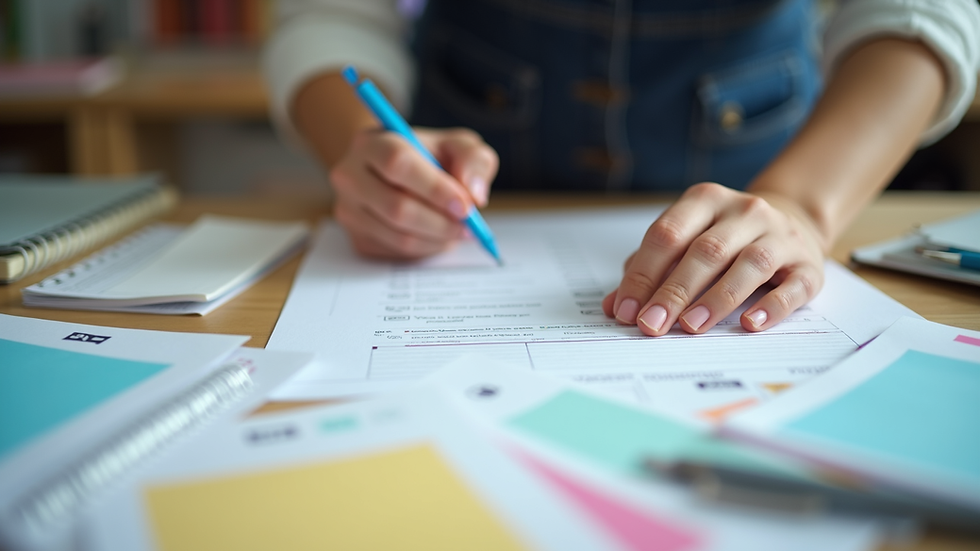 Close-up view of a teacher organizing colorful lesson plans on a desk