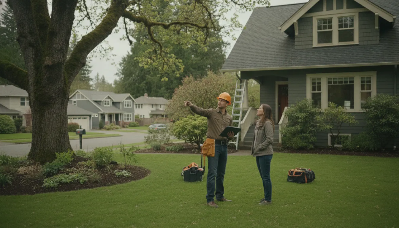 Portland area homeowner discussing a roof inspection with a roofing professional
