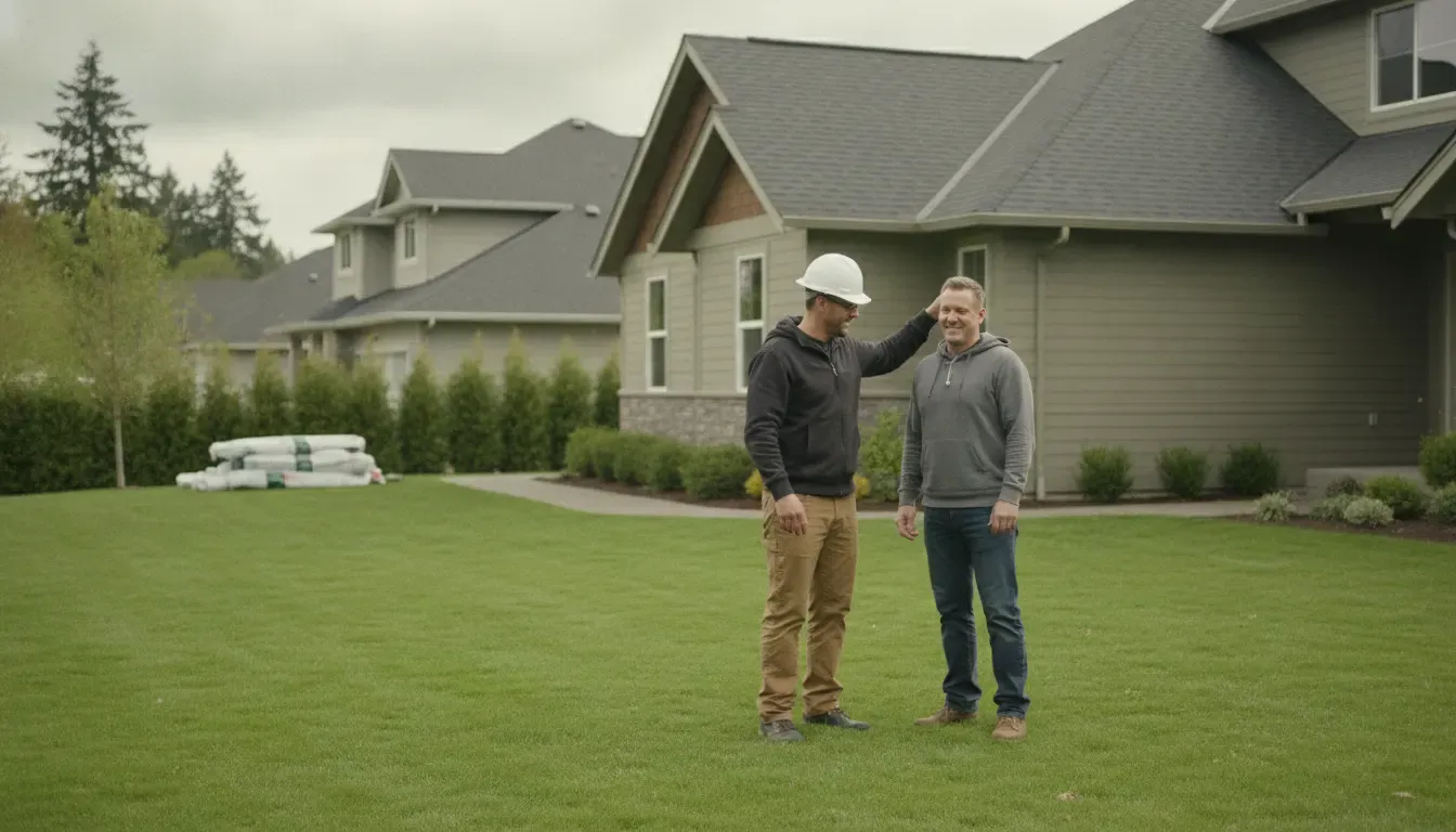 Homeowner reviewing a completed Portland roof replacement with a roofing professional