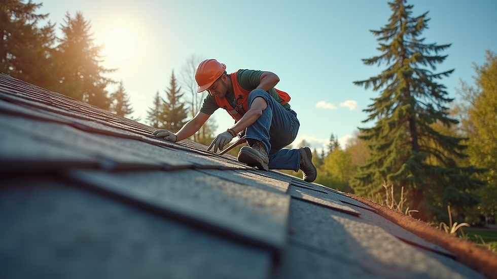 Eye-level view of a roofing technician repairing shingles on a residential roof