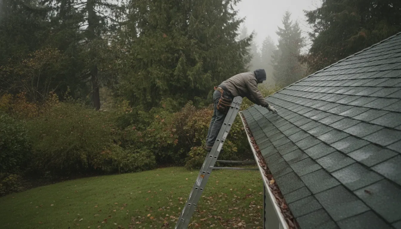 Roofing contractor inspecting a damp Portland Oregon roof near evergreen trees