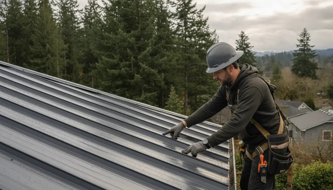 Roofing professional looking over metal panels on a Portland-area home