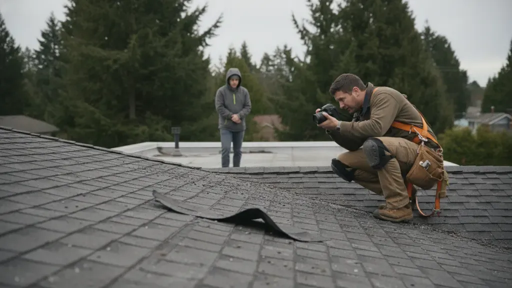 Roofer documenting lifted asphalt shingles after storm damage in the Portland area