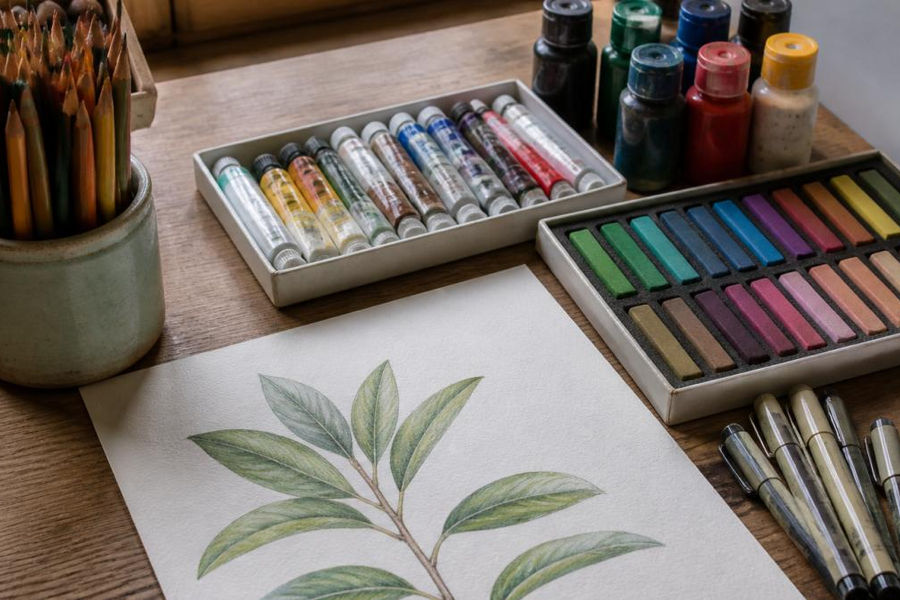 Professional artist's workspace showing five different botanical art mediums arranged on a wooden desk: sharpened colored pencils in a ceramic holder, tubes of gouache paint, acrylic paint bottles, soft pastel sticks in a box, and fine-tip markers, with a partially completed botanical leaf illustration in colored pencil on watercolor paper nearby, natural window light illuminating the scene