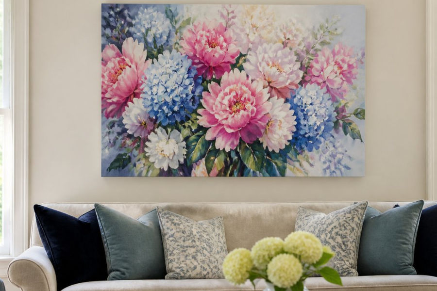 Infographic guide for selecting the right size and style for a hand-painted floral canvas in any room.