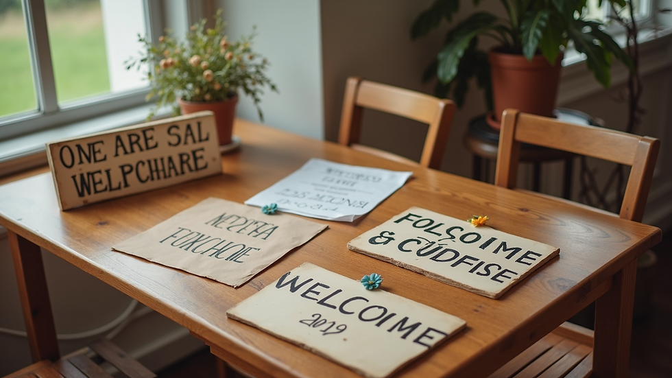 High angle view of a variety of handmade welcome signs displayed on a wooden table