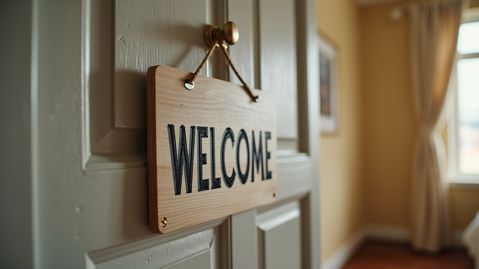 Close-up view of a custom Bulldogs welcome sign hanging on a bedroom door
