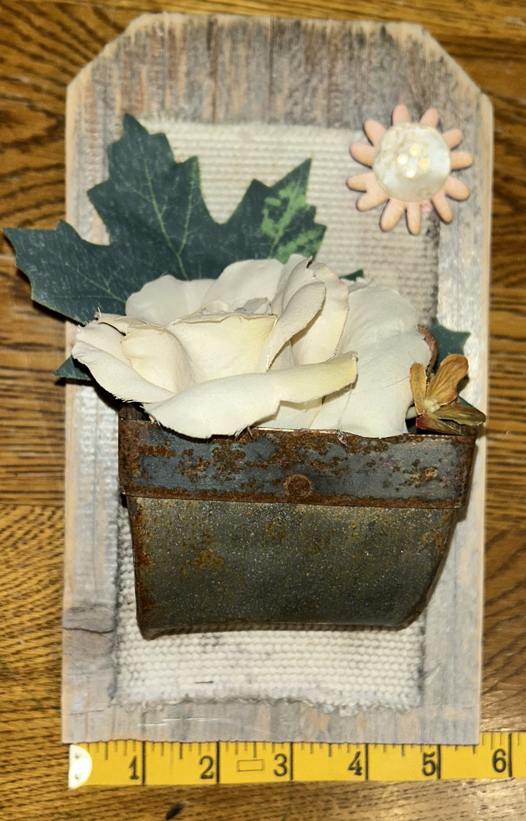 RUSTIC FARM CRAFT WITH SALVAGED GRAIN SCOOP STILL RIVETED TO CONVEYOR BELT