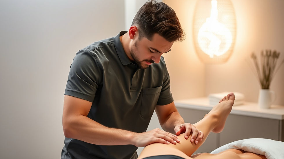 Sports massage therapist working on leg muscles