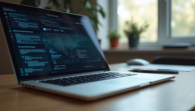 Eye-level view of a laptop screen displaying AI-generated text in a clean workspace