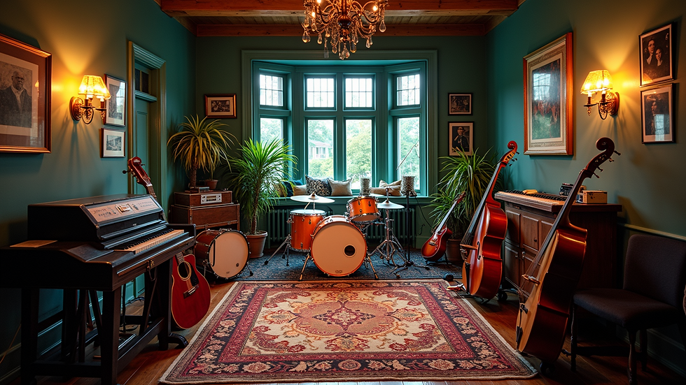 High angle view of a vibrant music studio filled with instruments