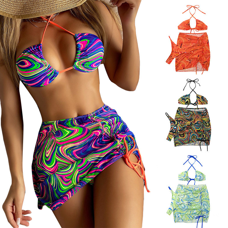 Sexy 3 Piece Bikini Set Mesh Cover Up Skirt Women Swimwear