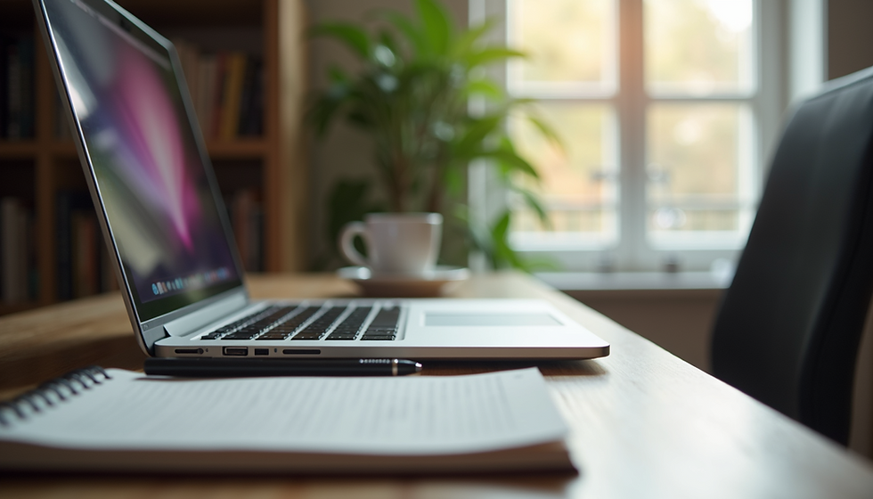 Eye-level view of a modern workspace with a laptop and notepad