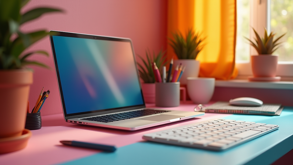 Eye-level view of a vibrant workspace with a laptop and creative tools