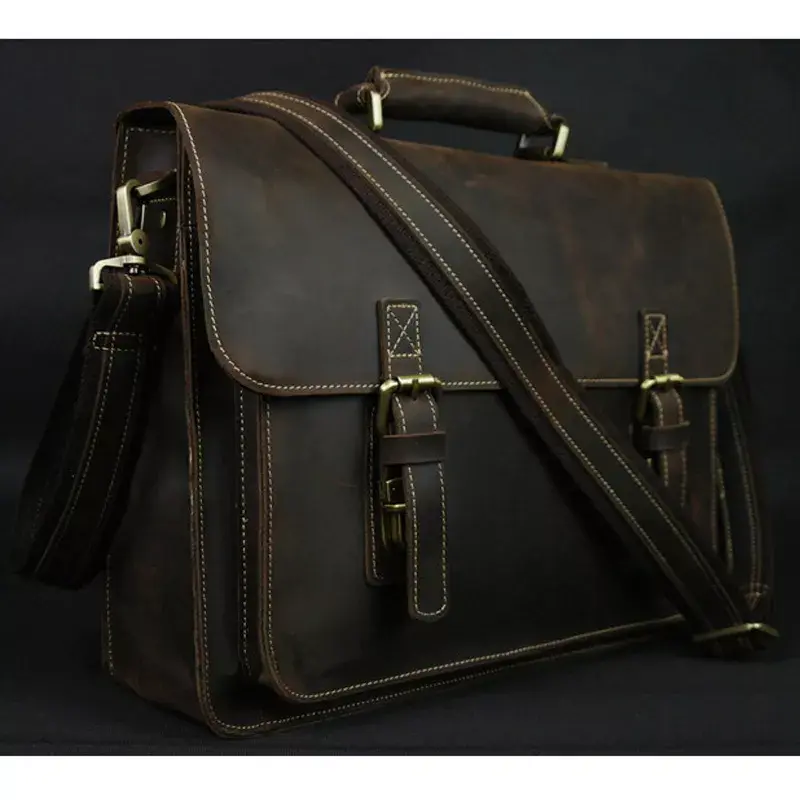 Vintage Genuine Leather Men Briefcase 15" Laptop Shoulder Messenger Male Tote