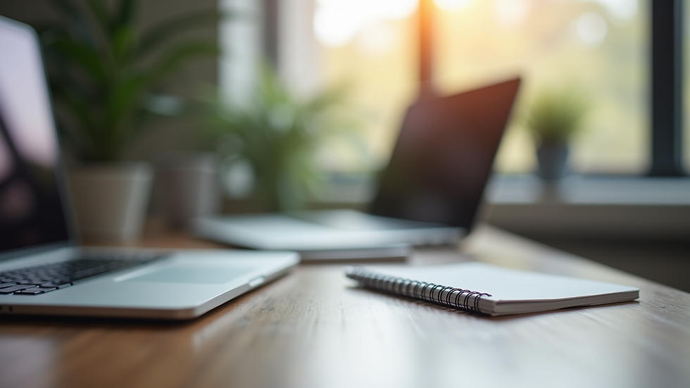 Eye-level view of a modern workspace with a laptop and a notepad