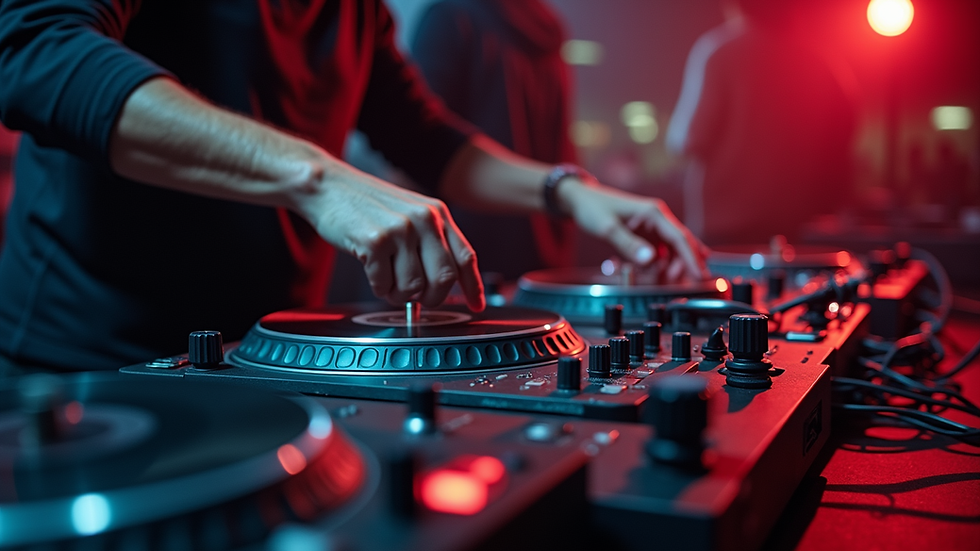 Eye-level view of a DJ mixing electronic and rock music on turntables