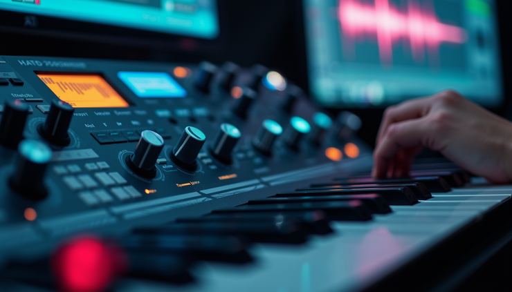 Eye-level view of a digital music workstation with AI-generated sound waves on screen