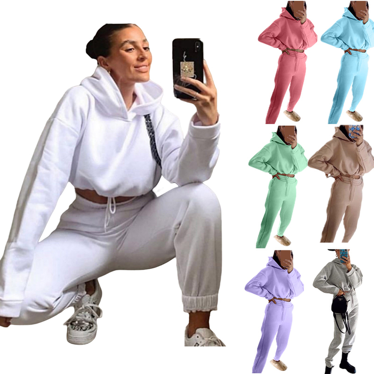 Women Solid Color Cropped Hoodie Sweatpants 2-Piece Spring Tracksuit Set