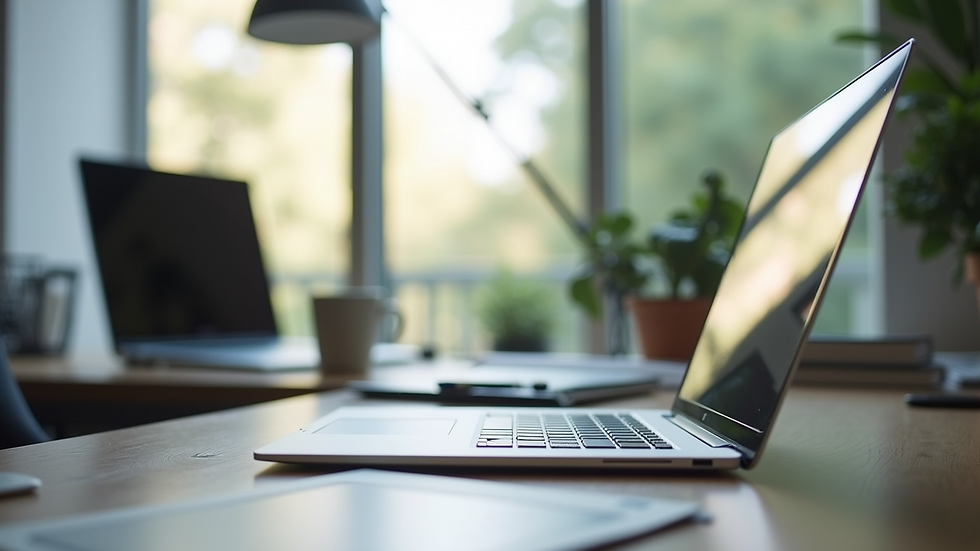 Eye-level view of a modern workspace with a laptop and productivity tools
