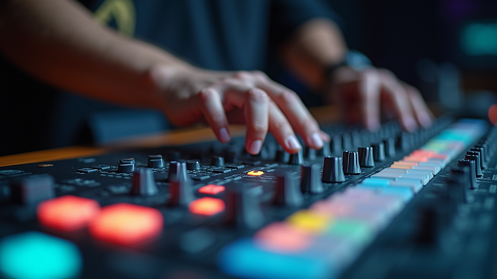 Close-up view of a music producer’s mixing console blending different sound layers