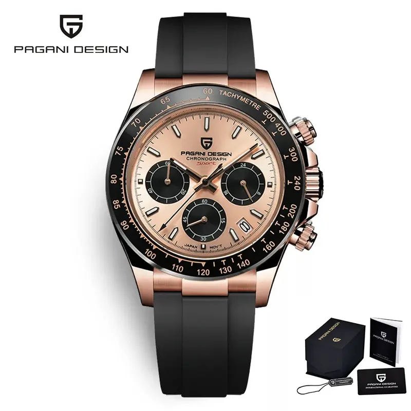 Thumbnail: Pagani Design rose gold chronograph watch with black strap