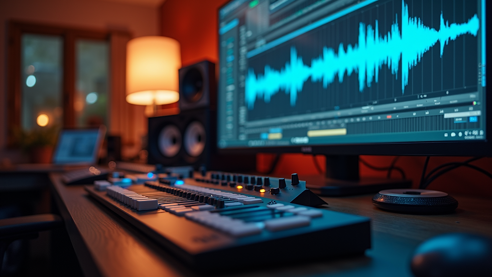 Eye-level view of a digital audio workstation with music tracks displayed
