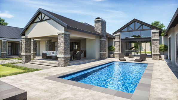 Luxury country home with pitched roof, stone columns, large glass gable and swimming pool designed by Arcvisa Studio in Pretoria, South Africa.