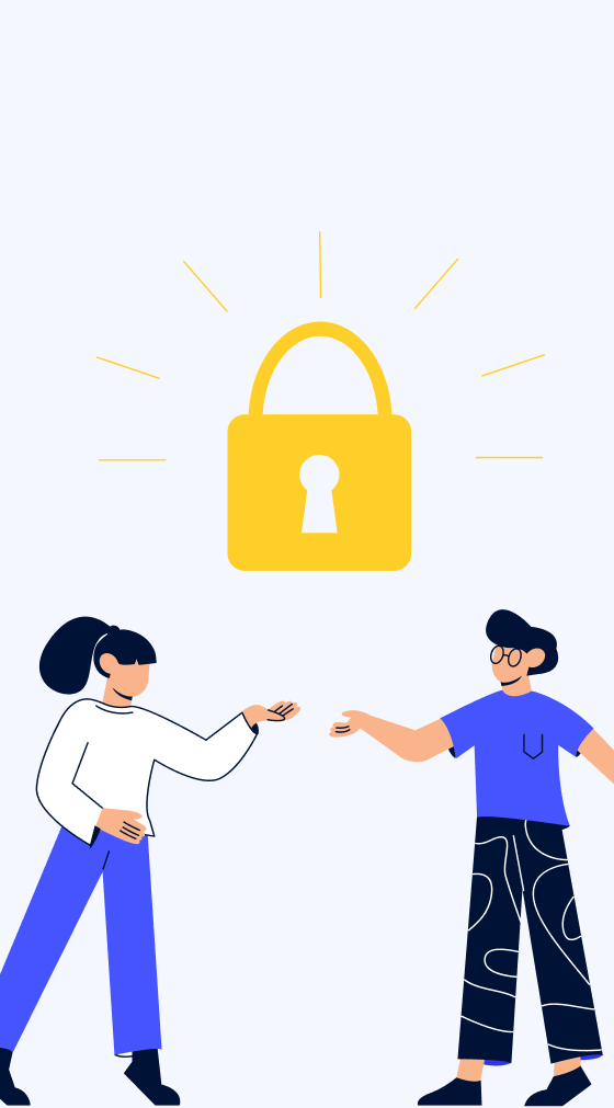 Illustration de deux personnes échangeant autour d’un cadenas sécurisé