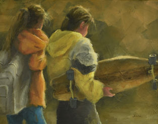 Christine Larivière, Lari, art visuel, art figuratif, contemporain, collection, peinture à l'huile, peintre québécoise, tableau, amies, adolescente, ado, skateboard, planche à roulette, école