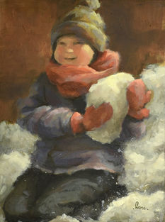 Christine Larivière, Lari, art visuel, art figuratif, contemporain, collection, peinture à l'huile, peintre québécoise, tableau, neige, hiver, enfant, boule de neige